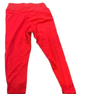 Red High Waisted Athletic Leggings with Side Stripe Detail and Ribbed Waistband